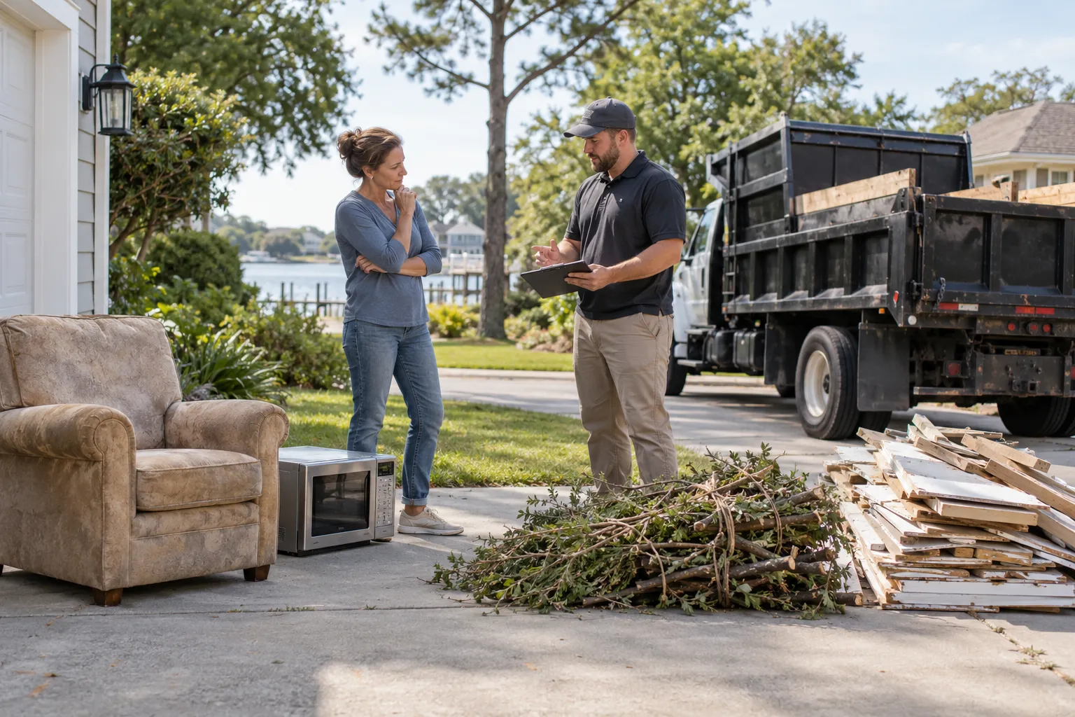 Homeowner and removal estimator reviewing an organized pickup plan